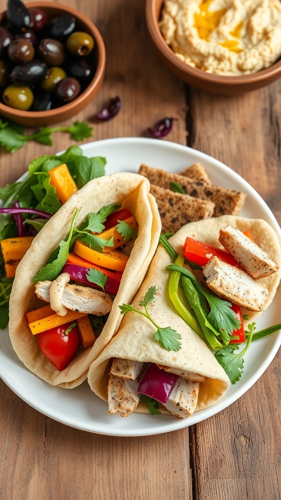 Homemade Pita Bread Sandwiches Recipe A plate of pita bread sandwiches filled with grilled vegetables and chicken, served with hummus and olives.